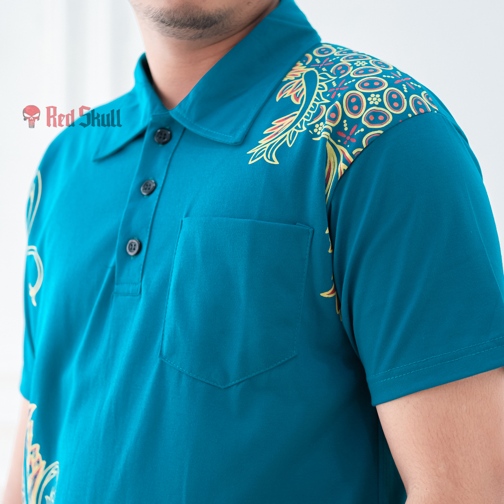 RED SKULL Kaos Kerah Polo Batik Kawung Bulat Samping Bahan Katun Ada Saku