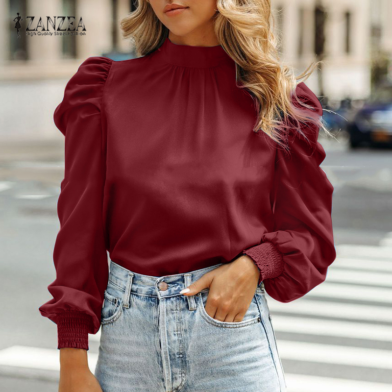 ZANZEA Women Elegant Puff Long Sleeve Solid O Neck All-Match Casual Blouse
