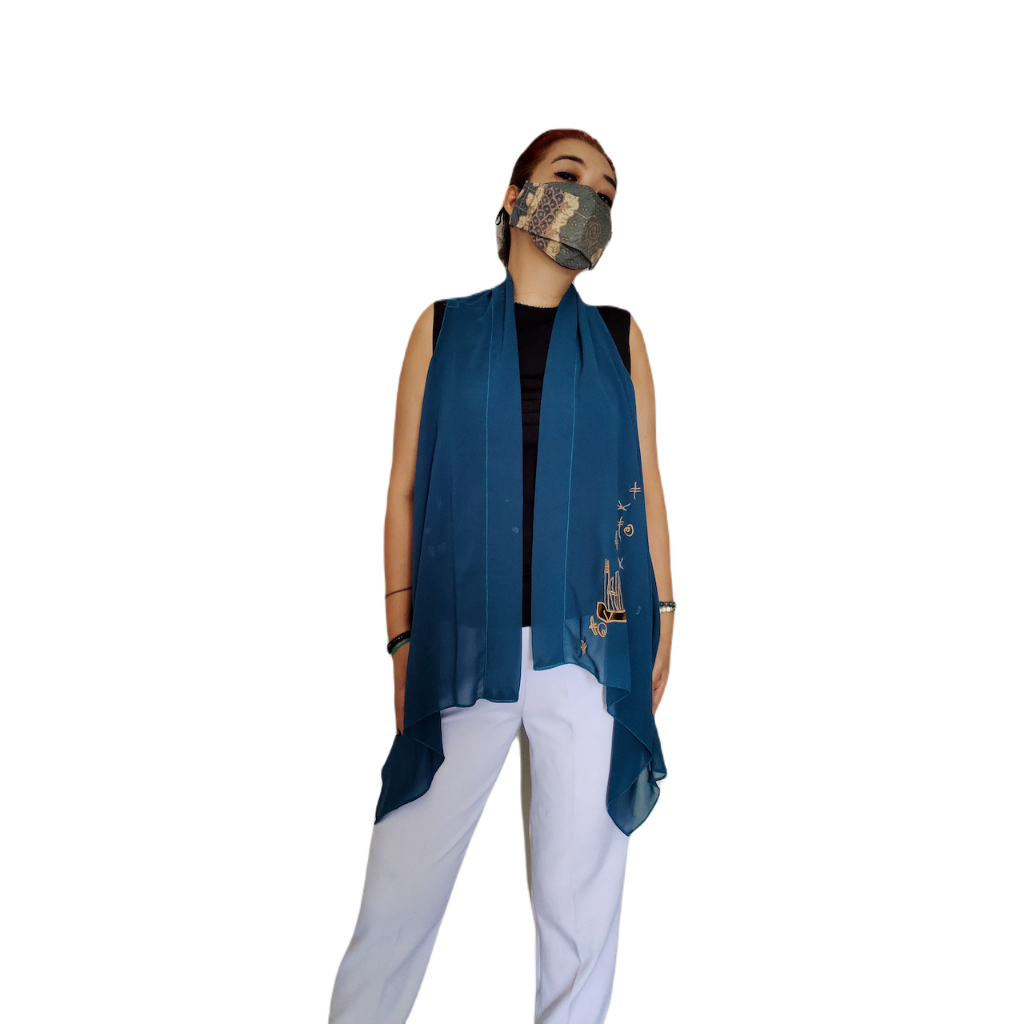 Outer Tanpa Lengan Polos Vest  Kutung Wanita Sifon Biru Border Batik Gamelan