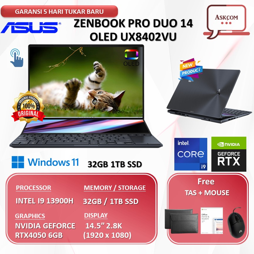 Laptop Asus ZenBook Pro Duo 14 Oled UX8402VU OLEDS911 RTX4050 6GB I9 13900H 32GB 1TBSSD W11 OHS21 14.5 2.8K TOUCH 120HZ