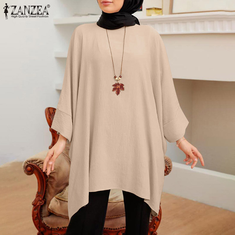 ZANZEA Women Muslim Daily 3/4 Bat Sleeves Loose Solid Color Blouses