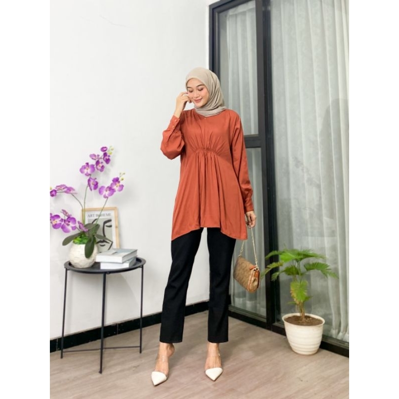 Tunik atasan wanita kerut depan rayon twill