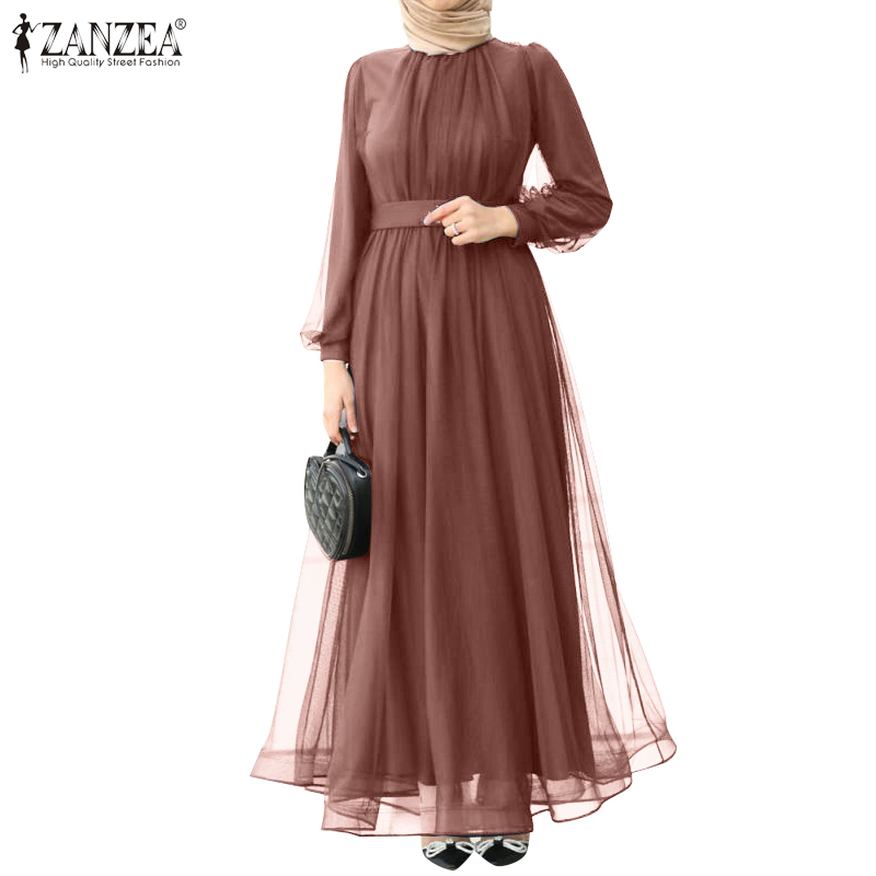 ZANZEA Women Muslim Fashion Casual Long Sleeve Double Layer PLeated Dress