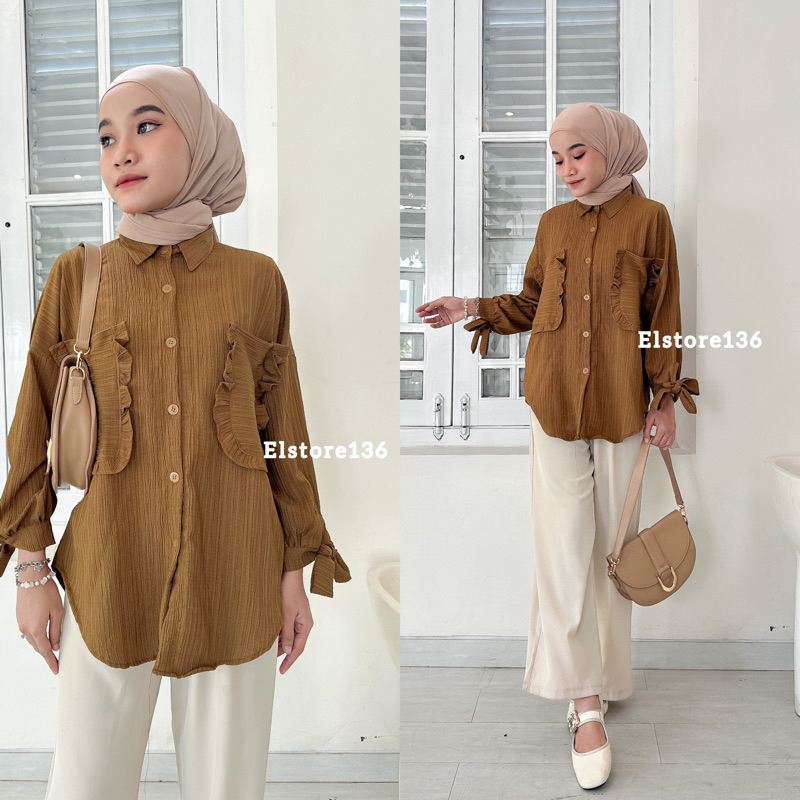 Selvi Blouse Bahan Baby Crush Atasan Wanita Full Kancing Lengan Tali Saku Dua Busui OOTD Remaja Dewasa