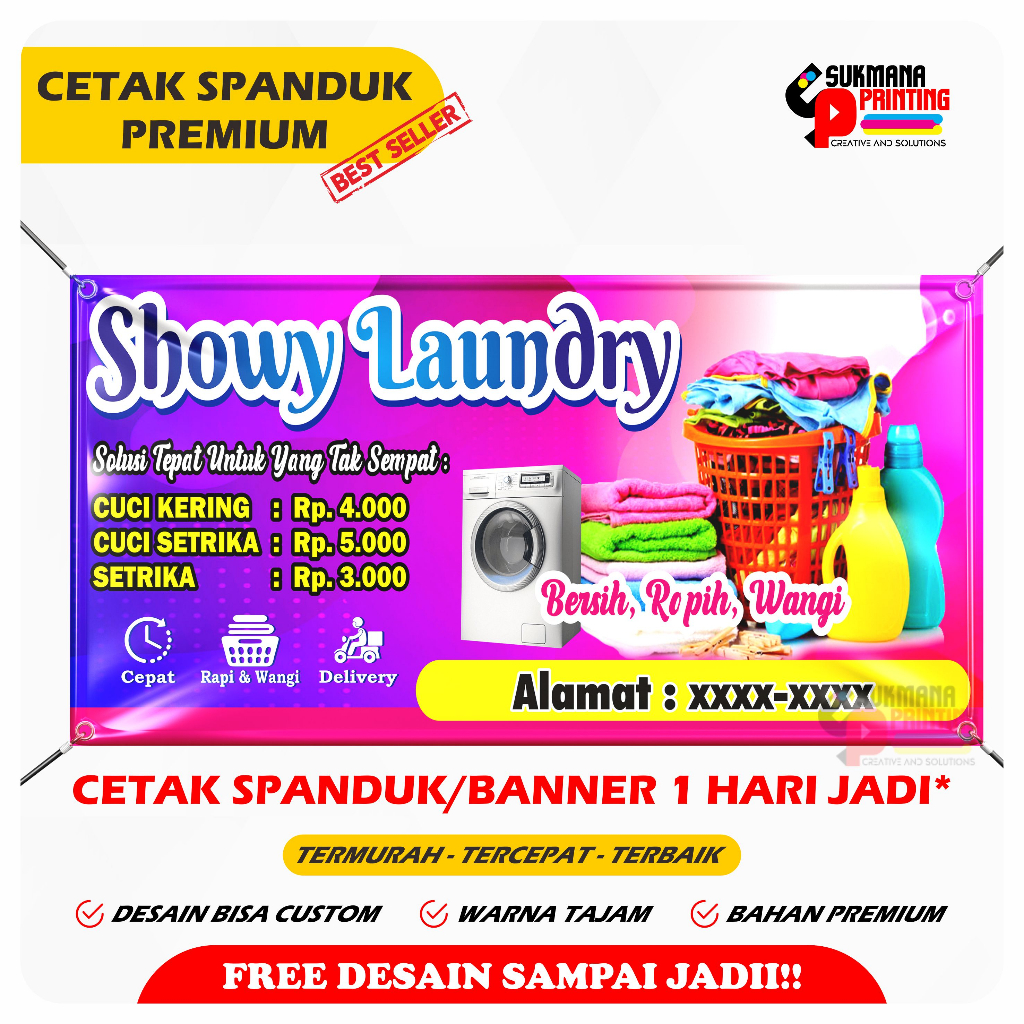 CETAK SPANDUK BANNER TERIMA JASA LAUNDRY PAKAIAN BAHAN PREMIUM FLEXI 280GRAM