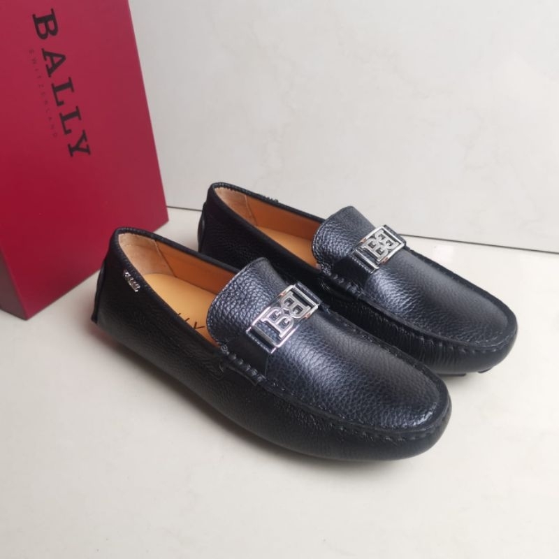 sepatu pria loafer cowok slip on bal ly hitam kulit mewah