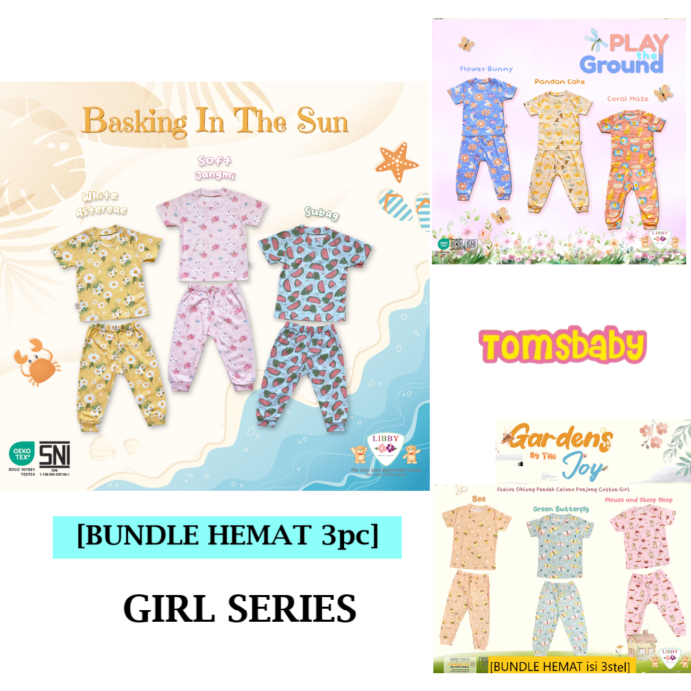 [BUNDLE HEMAT 3stel GIRL ] LIBBY - Stelan Atasan PENDEK + Celana PANJANG Oblong Cotton Tipis Motif Print GIRL Terbaru (0-19kg)