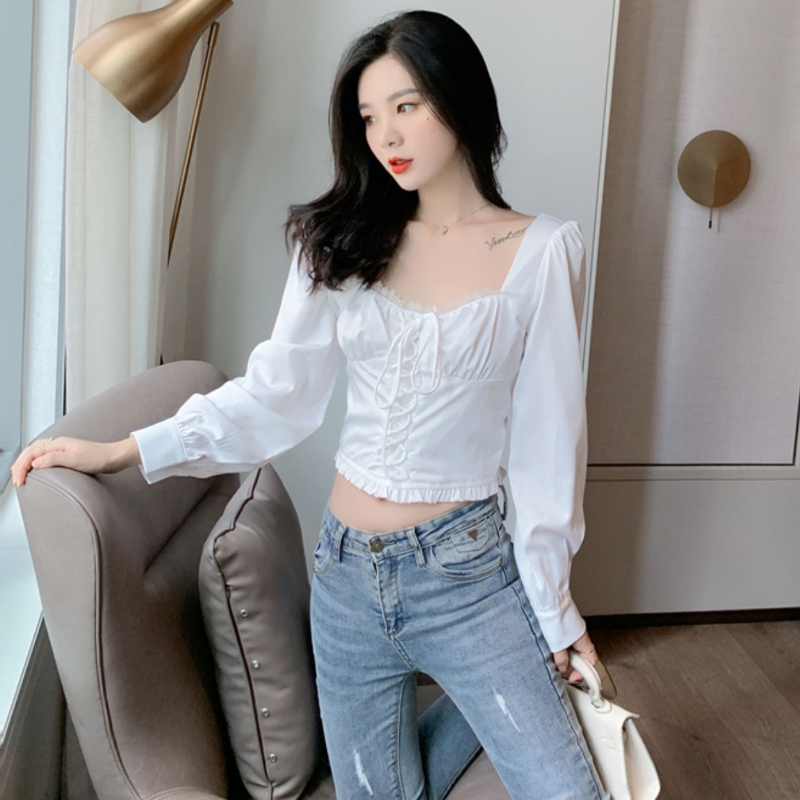 yikoo-Kemeja bertali yang ketat blouse korea atasan wanita