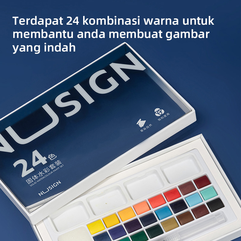 Nusign Solid Watercolor Paint / Set Cat Air Padat 24 Warna Gratis Brush Pen NS733