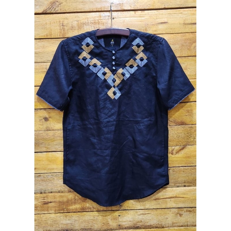 KEMEJA KOKO LINEN PIUR LENGAN PENDEK KERAH OBLONG MOTIF BORDIR FASHION CASUAL
