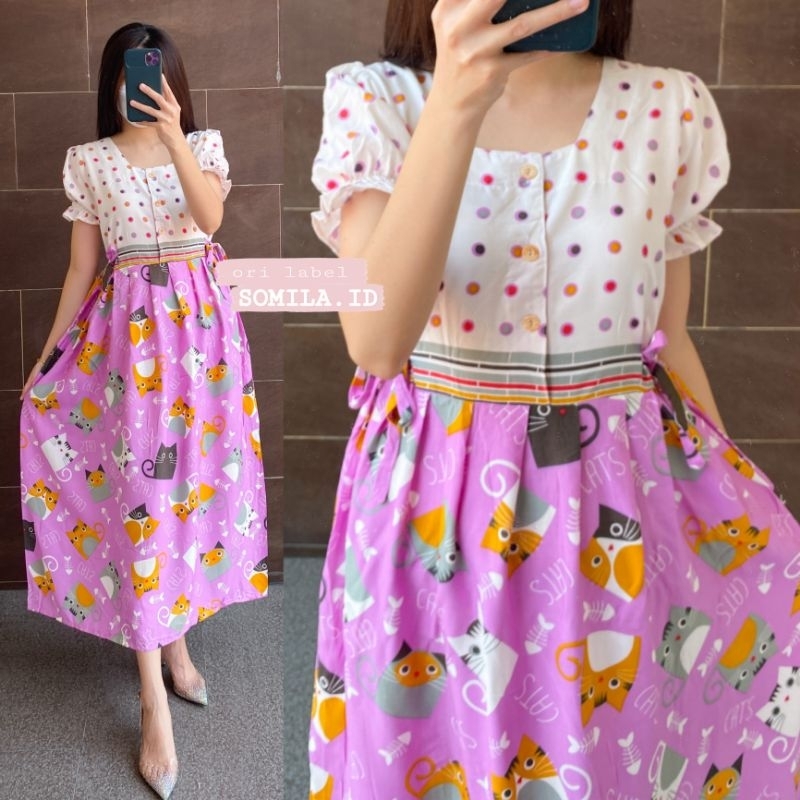 TERSEDIA JUMBO GROSIR DASTER SOMILA.ID TERBARU BUSUI CHIBI SERUT LENGAN PUFF PENDEK BATIK KITTY
