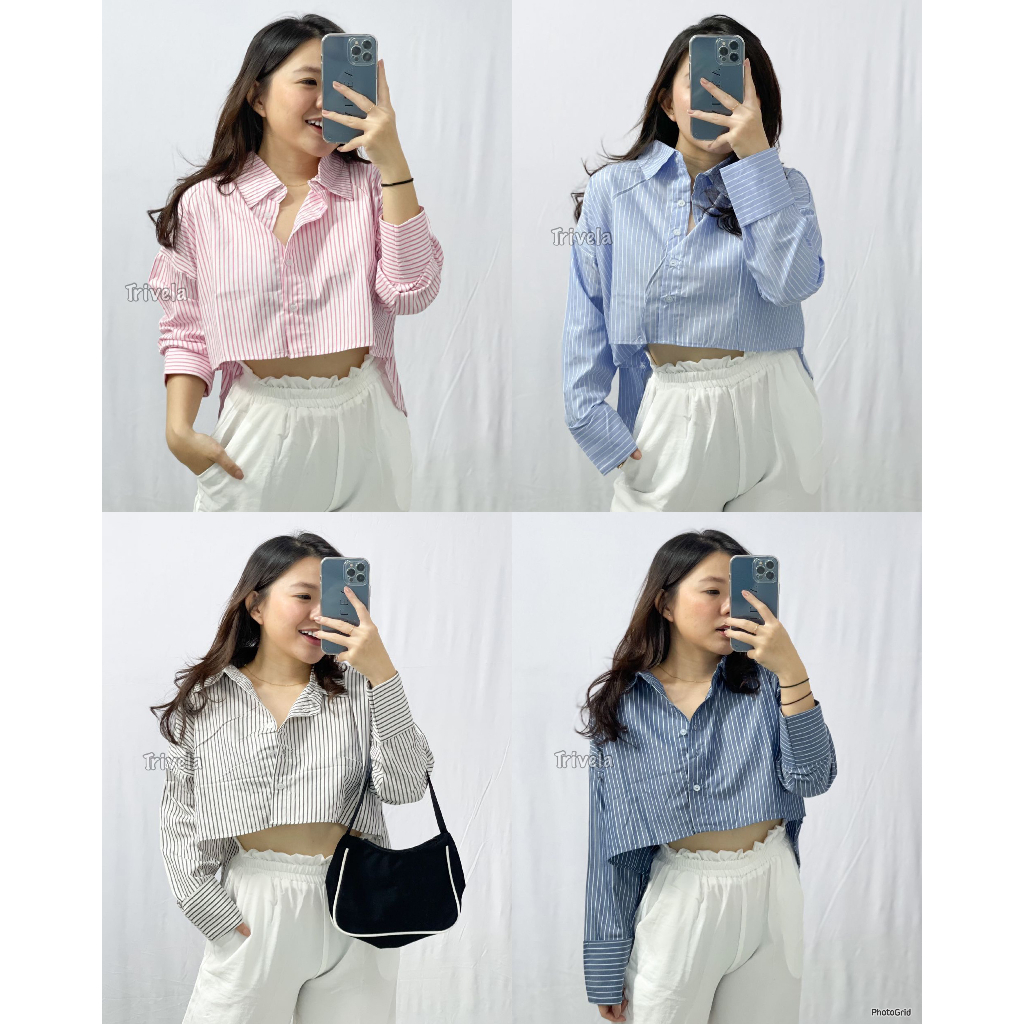 TRIVELA - Esther Top 2136 - Kemeja Crop Wanita - Kemeja Salur - Atasan Wanita - ZIGGY SJJ