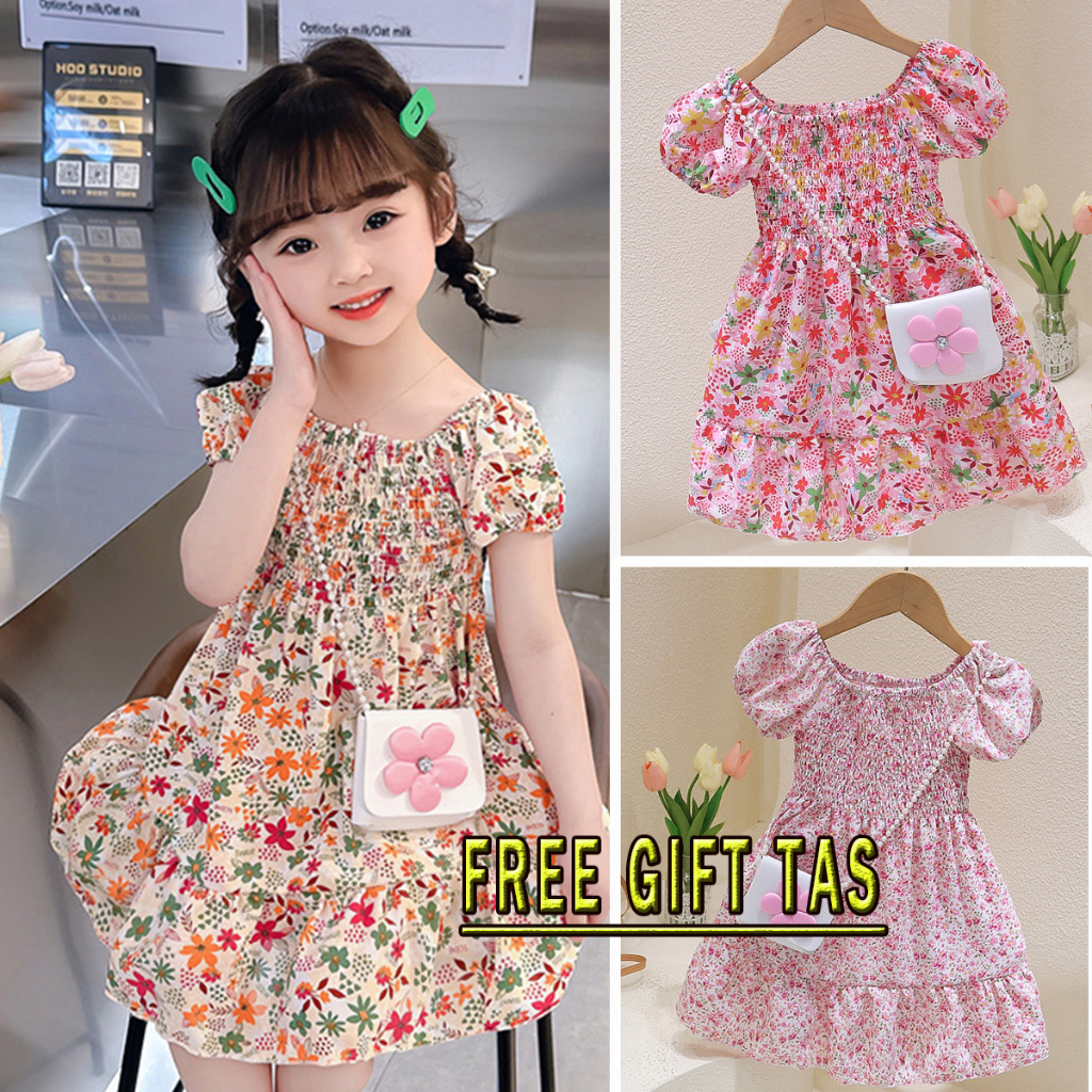 &lt;FREE GIFT TAS&gt; 1-7thn Cantik baju dress  bunga anak perempuan Lengan pendek Dress anak perempuan