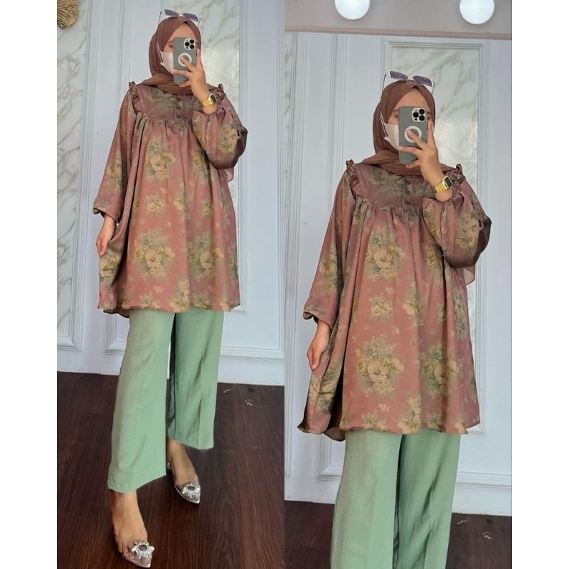 Oneset Kinan Setelan Wanita dior silk mix crinkle Ld 110