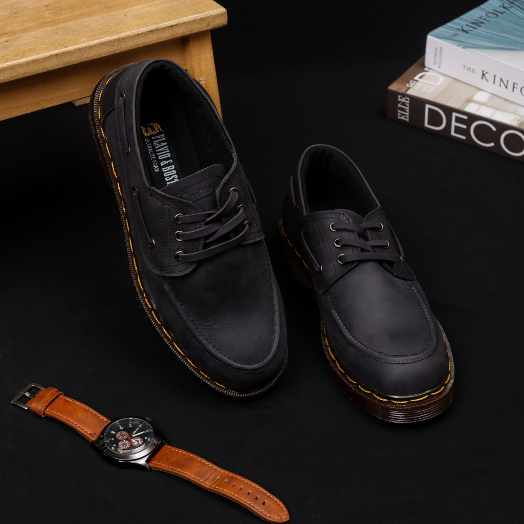 sepatu boat shoes sepatu pantofel pria sepatu kerja pria sepatu kantor pria sepatu kulit crazy horse sepatu kulit hitam matte doff flavio boston