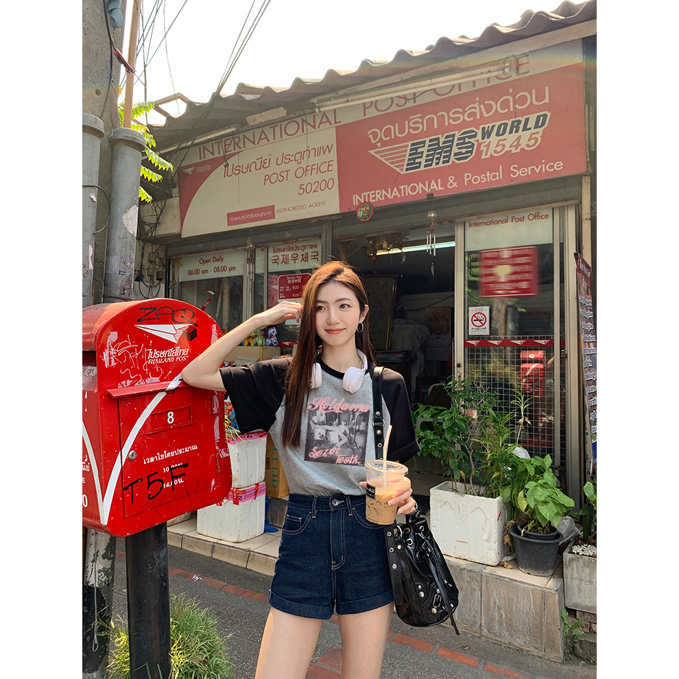 EUNII T-shirt Lengan Pendek Retro Pink CD Korean Style/Kaos Atasan Wanita/Baju Kaus Oversize Wanita/Kaos Wanita