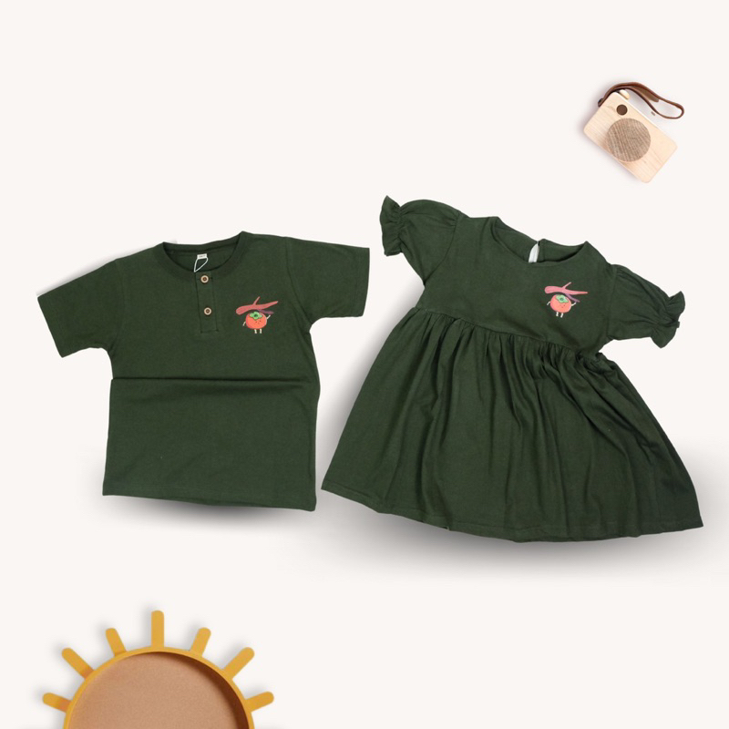 CaisKids - Baju Kakak Adik - Cika Polos Motif Buah Bahan Kaos Combed untuk bayi dan dress anak