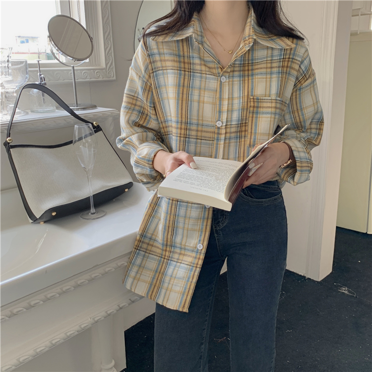 Baju Kaos Oversize Kemeja Wanita Korea Plaid Shirt Oversize Retro Panjang Lengan Semua Pertandingan Retro