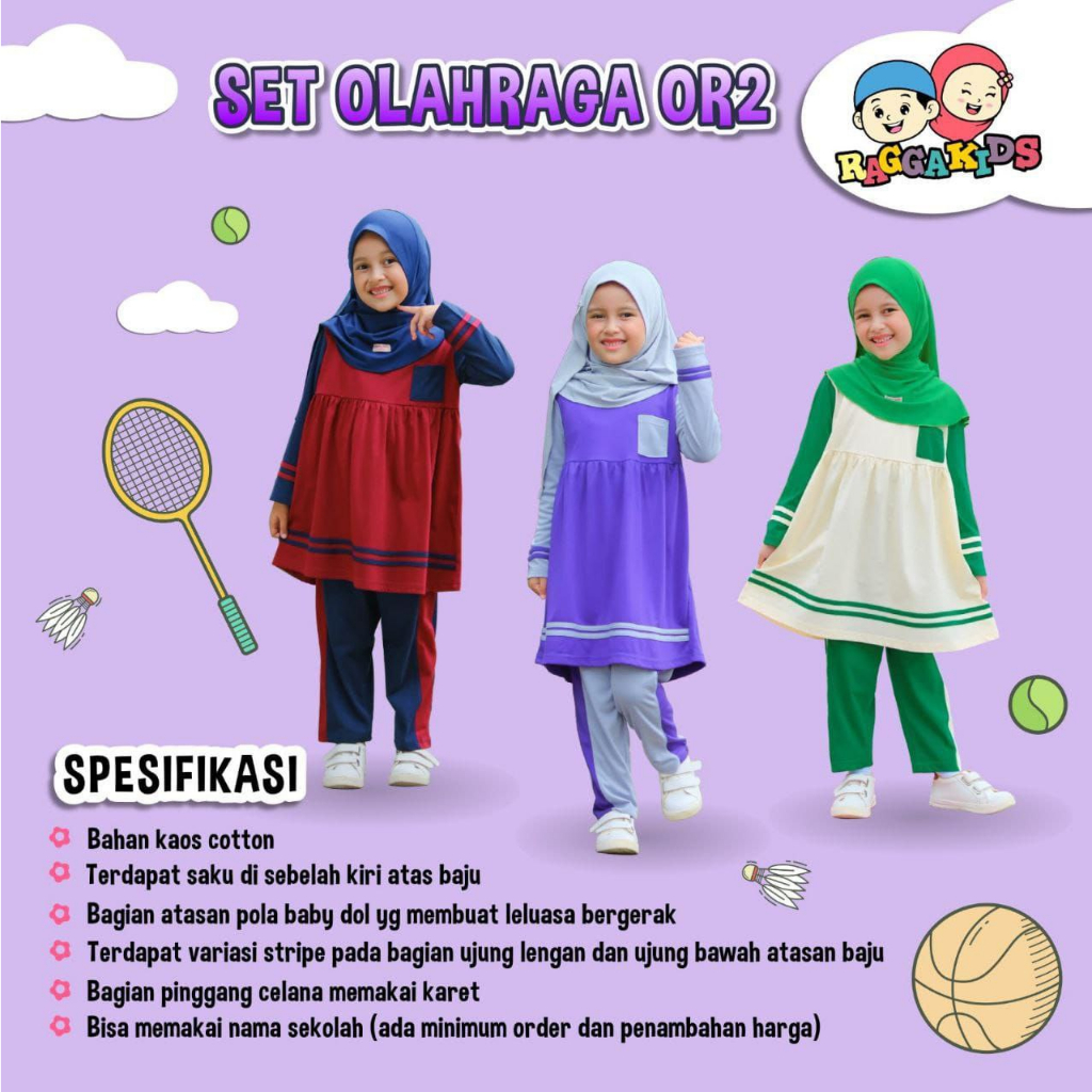 kaos olahraga anak perempuan setelan baju celana Raggakids OR