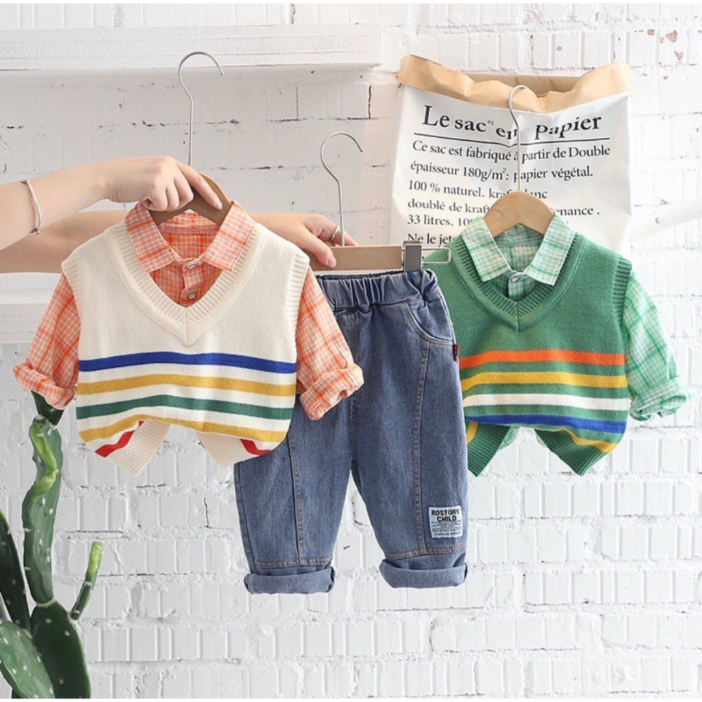 SETELAN 3IN1 RAJUT ,KEMEJA DAN CELANA JEANS PANJANG ANAK IMPORT USIA 1-5 TAHUN MOTIF PELANGI TERBARU DAN TERLARIS/ OUTFID ANAK KEREN MURAH/ FASHION PAKAIAN BAYI