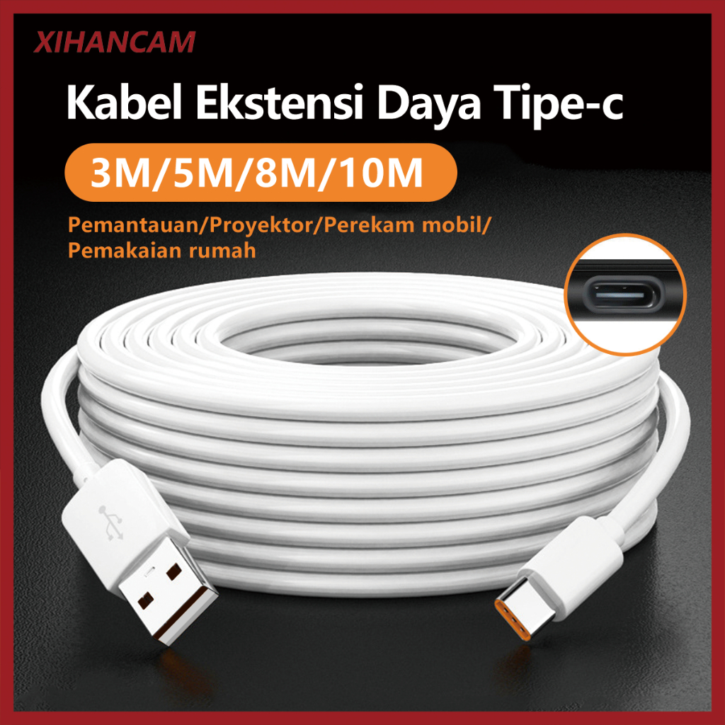 XIHANCAM Kabel Data Tipe C Android Kabel Pengisian Super Panjang 3m 5m 8m 10m Kable Usb Panjang Charger Untuk Kamera Cctv Ip Camera / Handphone Fast Charging Data Cable Cord