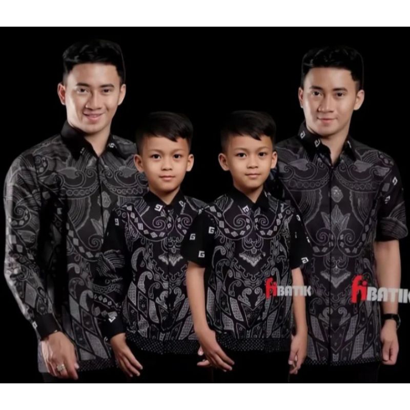 Kemeja Batik Pria Lengan Panjang Couple Batik Ayah Anak Laki-laki Usia 2-13 Tahun Warna Hitam