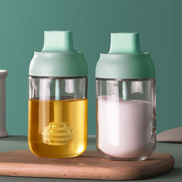 Botol bumbu kaca tebal tahan lembab toples bumbu multi fungsi dengan sendok botol sikat minyak toples madu garam garem merica pepper salt madu oles minyak pink Green blue
