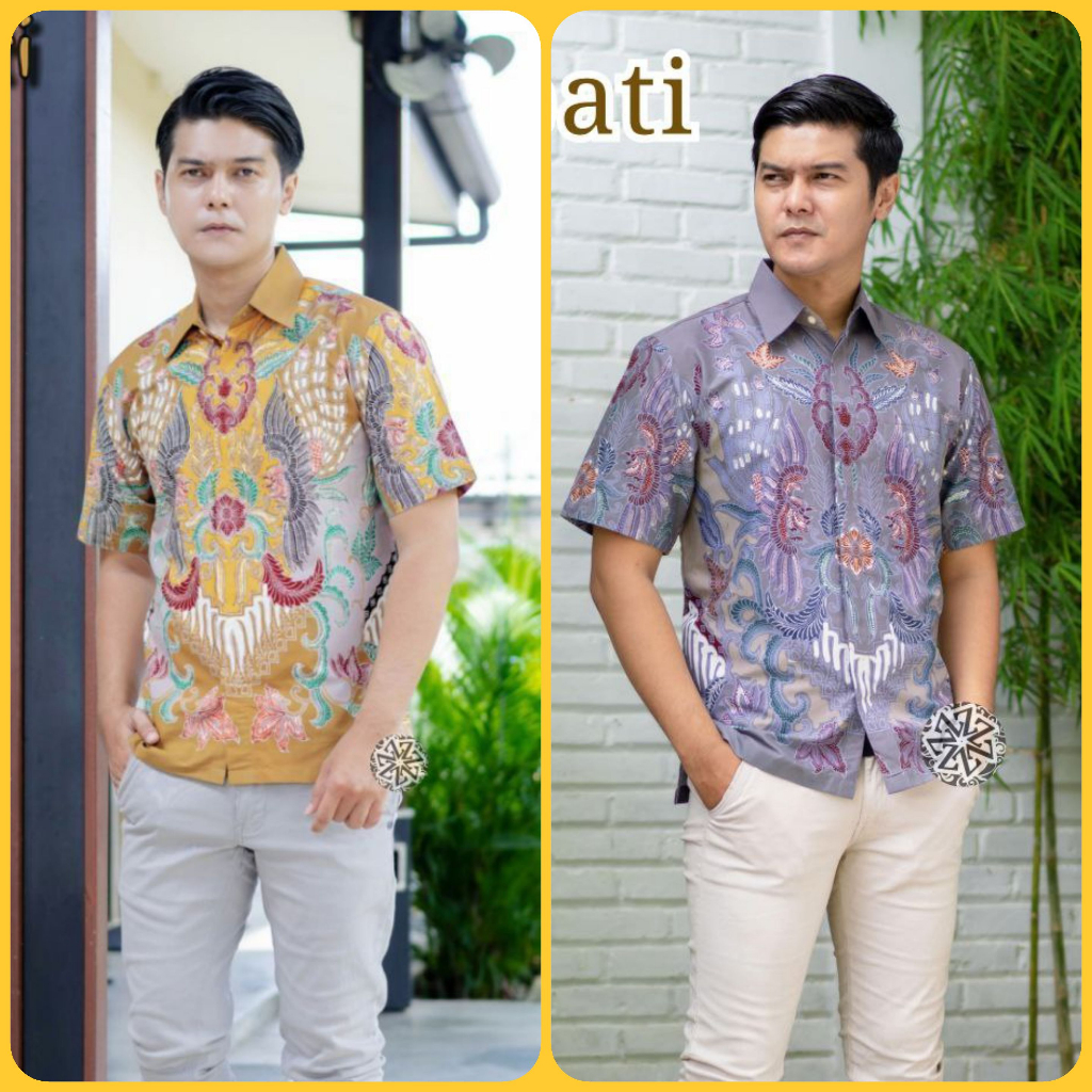 Kemeja Batik Tulis Pria Berlapis Furing Trikot Lengan Pendek Handmade motif adipati kuning - Hem Batik