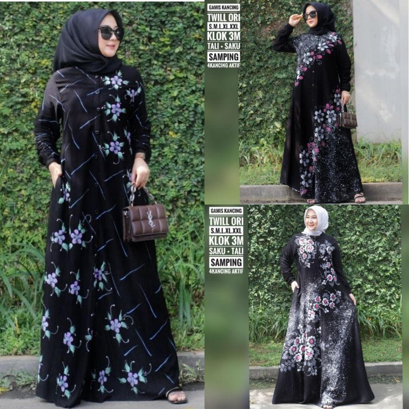 gamis twill black sweet cantik motif bunga batik cap batik Pekalongan