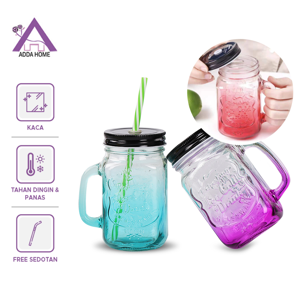 Gelas Cangkir Air Minum Kaca Unik Glass Mug Cup Dengan Penutup Dan Sedotan