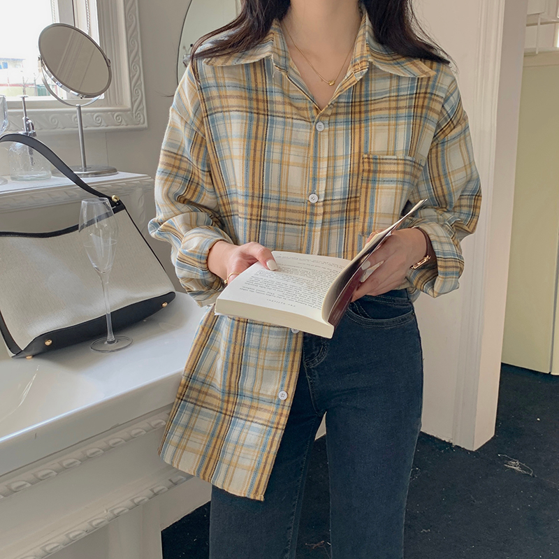 Korean Style Retro Garis Wanita Atasan Wanita Plaid Shirt/Kotak-kotak Lengan Panjang