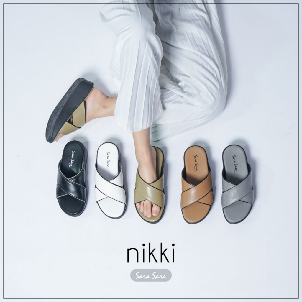 Sara Sara NIKKI Sandal Slop Wanita Sendal Slide Cewek Wedges Casual Model Silang Sol Karet Tanpa Hak Kekinian