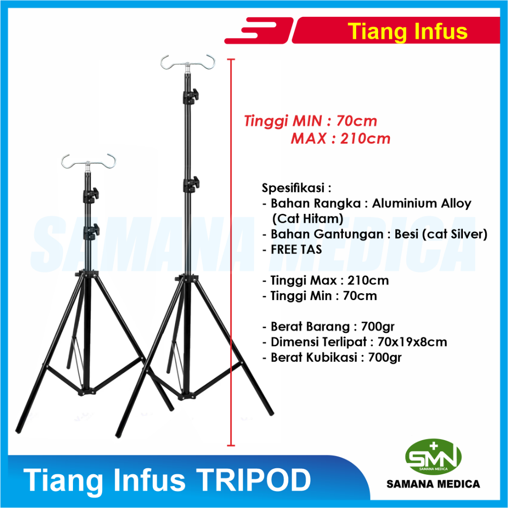 Tiang Infus Tripod Aluminium Kaki 3 - Tiang Infus FREE TAS Tripod Kualitas Premium - Beban max 2kg