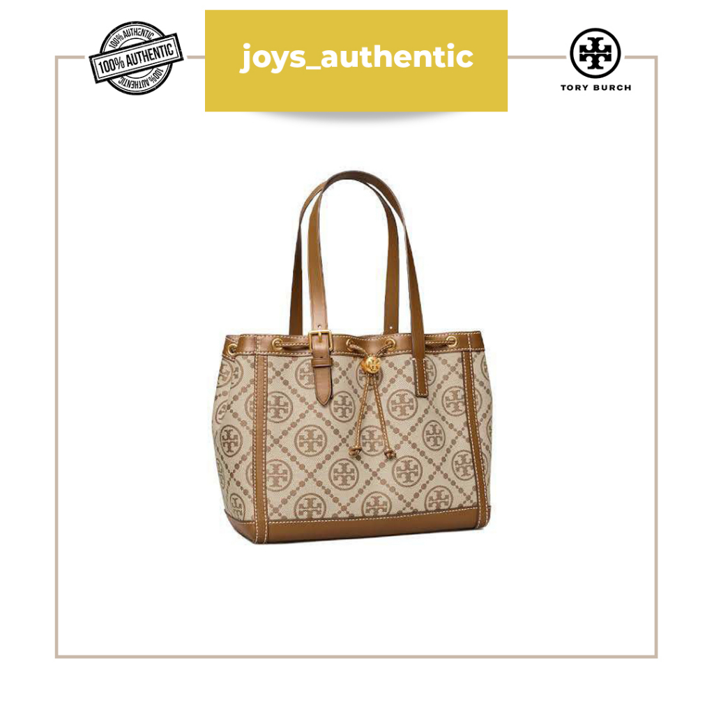 Tas wanita TB Tory Burch T Monogram Jacquard Small Tote Canvas Coklat hazelnut woman bag authentic o