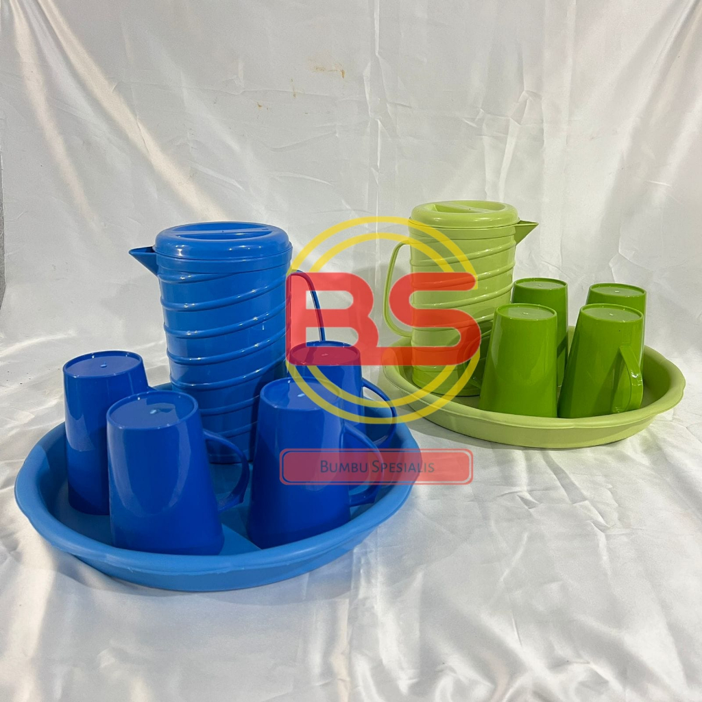 Paket Set Teko Ulir 6Pcs ( 1 Teko Ulir + 4 Gelas Gagang + Nampan Bulat Warna ) / Set Teko Minum