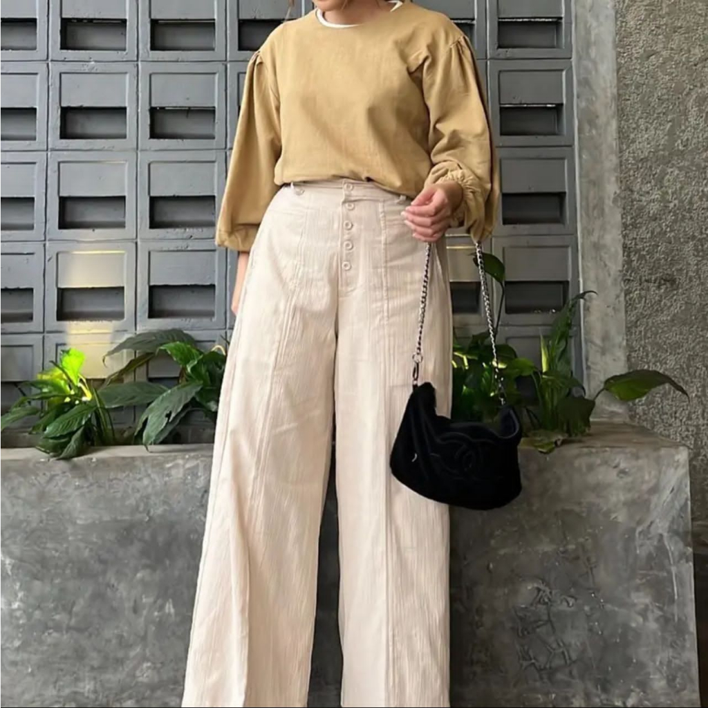 ICH - Valinna Celana Kulot Highwaits Kancing Linen Crinkle Premium