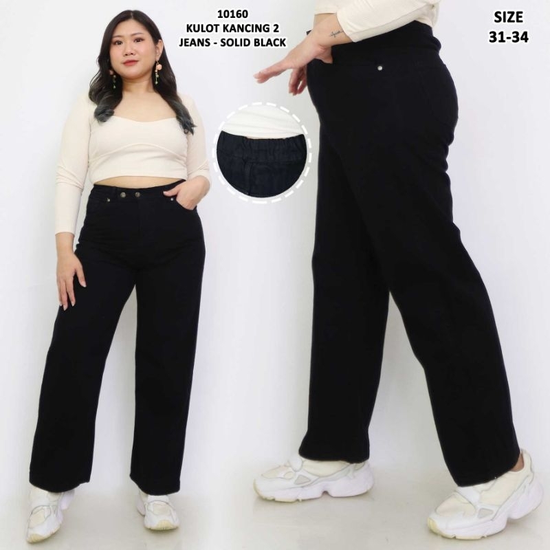 Khlove89 - Kulot HW Jumbo Jeans Wanita Kancing 2 Pinggang Belakang Karet Big size
