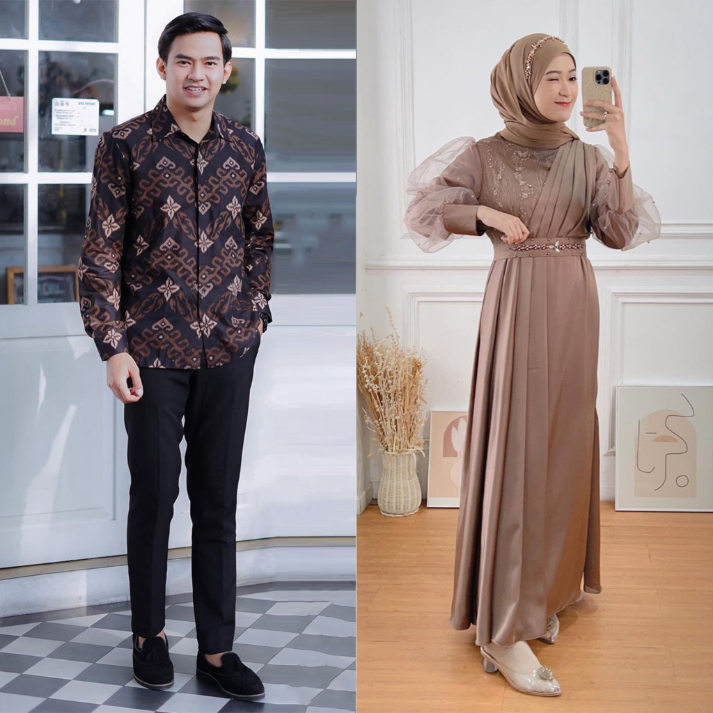 AZKANA BATIK - Gamis Couple Adeeva Dress Kondangan Dan Lebaran Modern Dress Satin Mix Brokat Payet Premium Dress Sarimbit Modern Gamis Couple