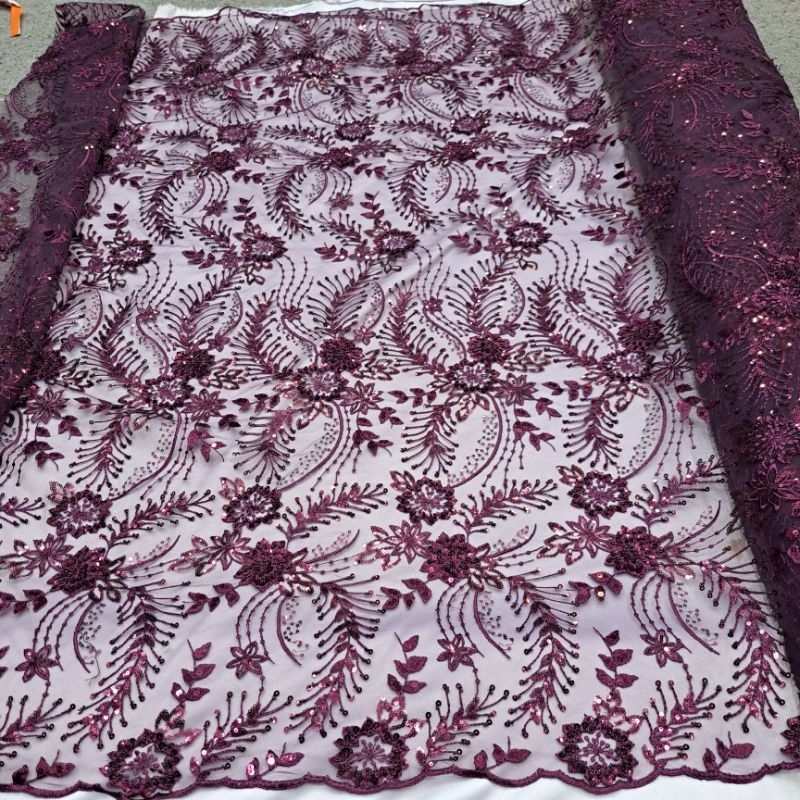 kain tile bordir motif daun merak full payet soroskin korea