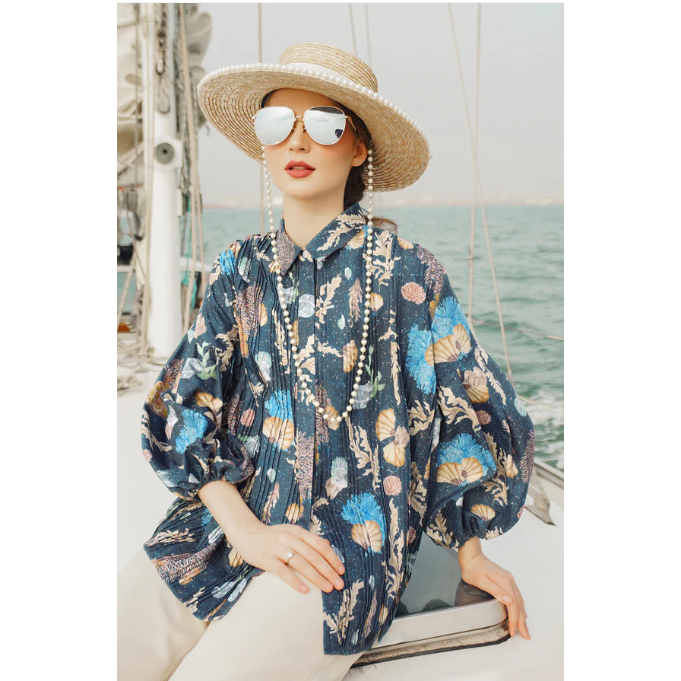 Aquarielle Puffy Pleated Shirt By Benang Jarum- Midnight XS S M L XL XXL  buttonscarves series voal 