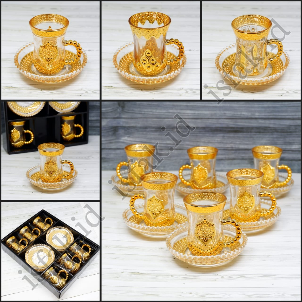 Gelas Cangkir Set Tatakan Piring Isi 6pcs Cawan Teh Arab Turki Sahi Kopi Cantik 6 Pasang