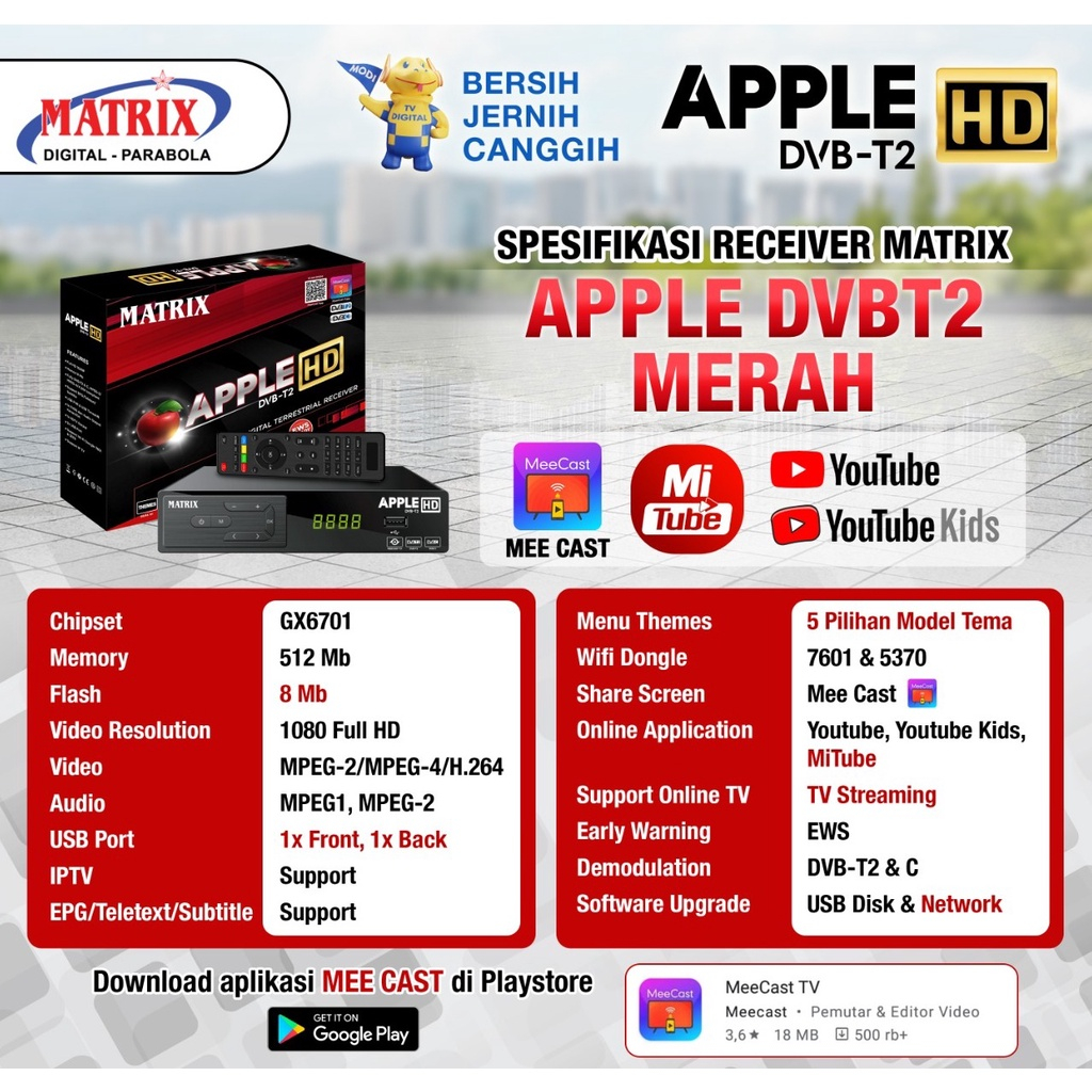 Receiver TV Digital DVBT2 Apple Merah HD Matrix  -