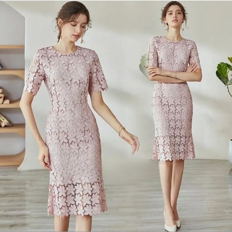 dress classic style floral flower import premium midi gaun sedang selutut sebetis purple lilac laven