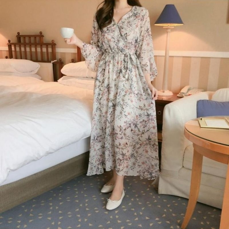 12660 Fashion sale murah maxi dres dress longdres longdress lengan rempel bunga bunga leher vi neck 