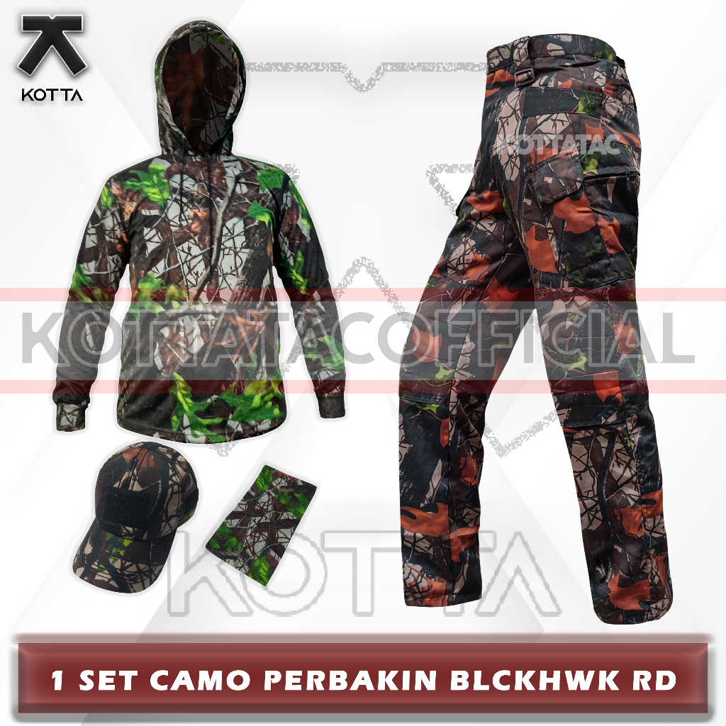 SATU SET SETELAN BAJU KAOS HOODIE CELANA TOPI KAMUFLASE CAMO PERBAKIN HUNTING BERBURU