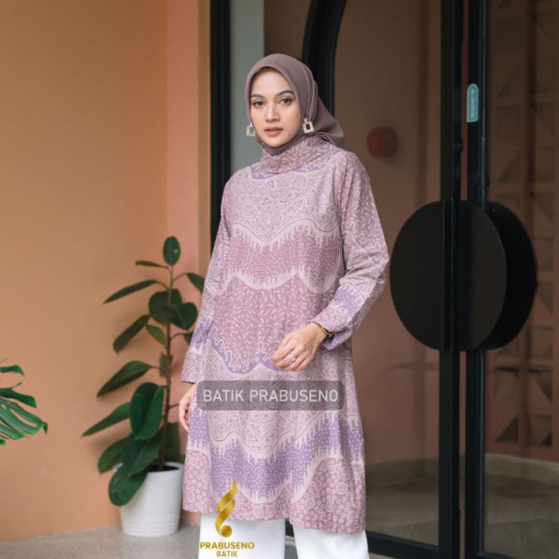 Baju Batik Prabuseno Motif Rosma Model Tunik Katun Cap Lapis Trikot Zipper Belakang Halus Adem Model Elegan Cantik Menawan