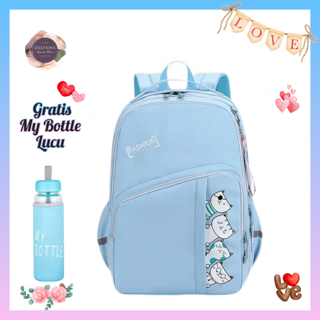 Ransel Anak Perempuan Motif Gambar 4 Kucing Kecil Gratis Botol Minum Untuk Sd &amp; Smp