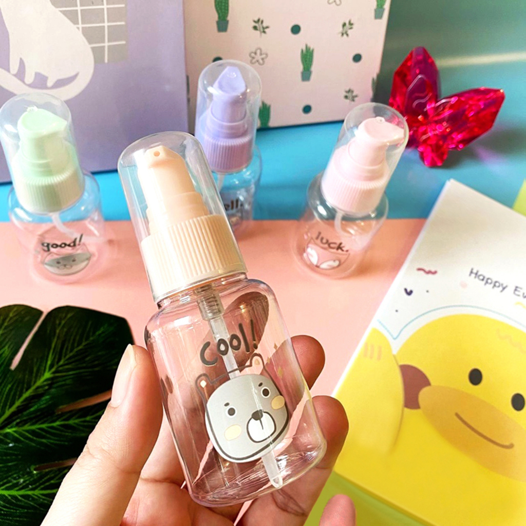 Botol kosong refill isi ulang 30 ml model pump spray transparan travel kit size untuk hand sanitizer parfum shampoo sabun cuci muka dan tangan motif lucu bahan plastik