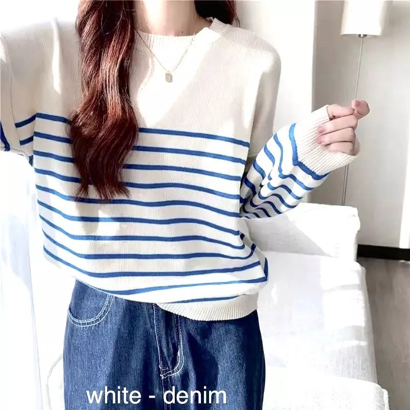 Blouse kombi stripe garis garis sweater blaster lengan panjang wanita