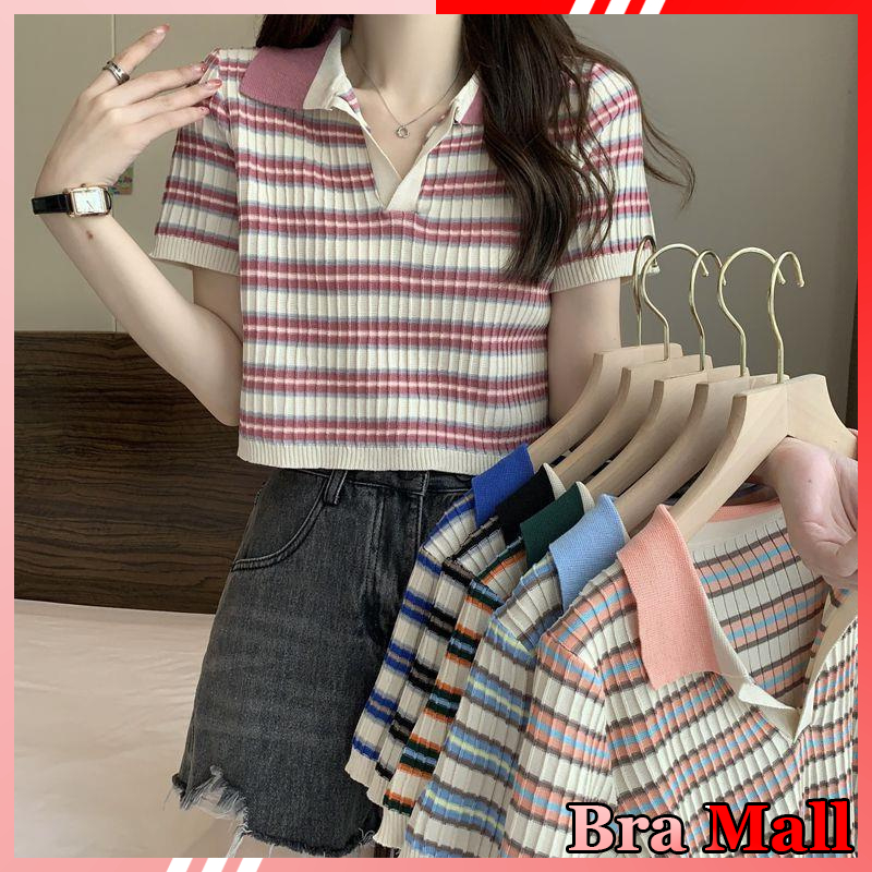 【 Bra Mall 】BJ-064 Atasan Rajut Lengan Pendek Salur Garis Garis Wanita Import Premium | Baju Rajut Salur Garis Garis Lengan Pendek